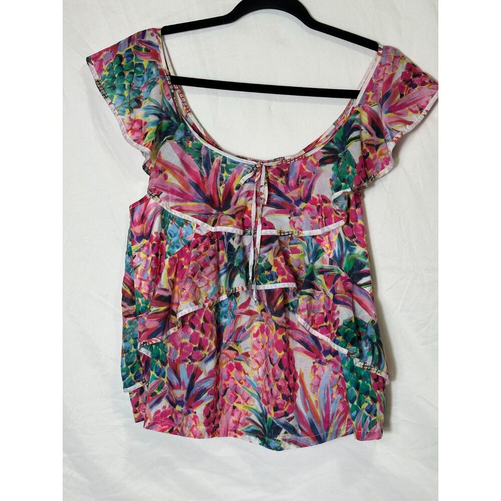 J Crew Women's Ratti Painted Pineapple Crop Top Ruffle Sleeve 100% Cotton Size 8